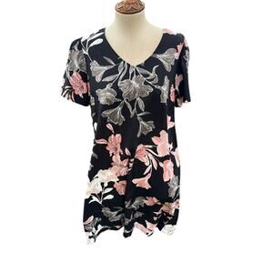 Nicole Miller Tropical Black Floral Linen Blend Dress Women's size Medium